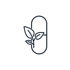 Tablet, leaves. The concept of homeopathy, alternative medicine, organic drugs, bio supplements. Vector icon isolated on white background. 