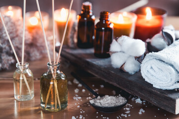 Massage oil and zen stones. Shallow DOF
