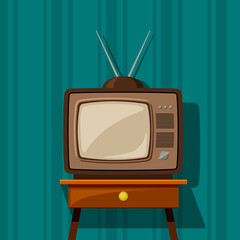 Retro TV on bedside table illustration. Classic brown tube design for video and news viewing fascinating start to era home cinema industry and expanding view world. Broadcasting vector.