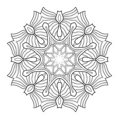 Decorative mandala with striped patterns on a white isolated background. For coloring book pages.