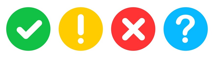 Round icons. Check mark, cross, attention and question. Web vector signs set