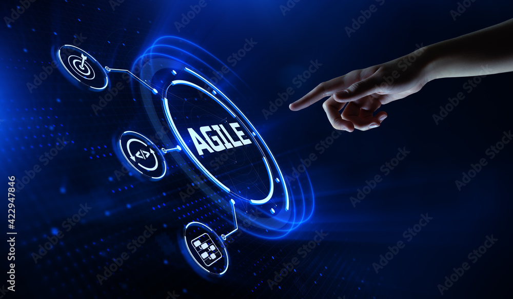 Poster agile software development scrum methodology technology concept. hand pressing button on screen