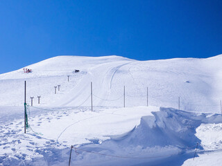 The top of a quiet ski resort on a clear day in early spring (Niseko Hanazono Resort, Hokkaido,...