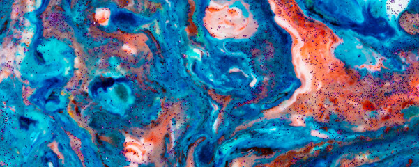 Baner background acrylic blue with red lines and sparkles. Colorful marble texture. Fluid liquid...