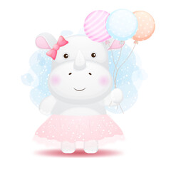 Cute doodle little rhino holding balloons cartoon character Premium Vector