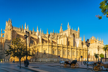 Fototapeta na wymiar Panoramic view of the Seville Cathedral with horse carriage