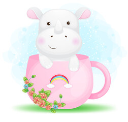 Cute doodle little rhino in the pink cup cartoon character Premium Vector