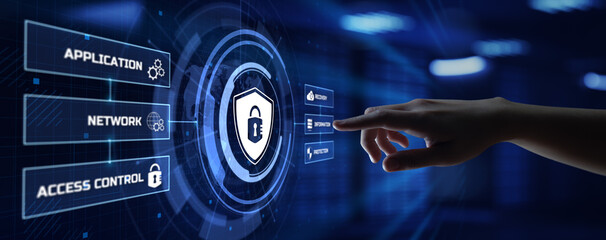 Cyber security information privacy data protection. Hand pressing button