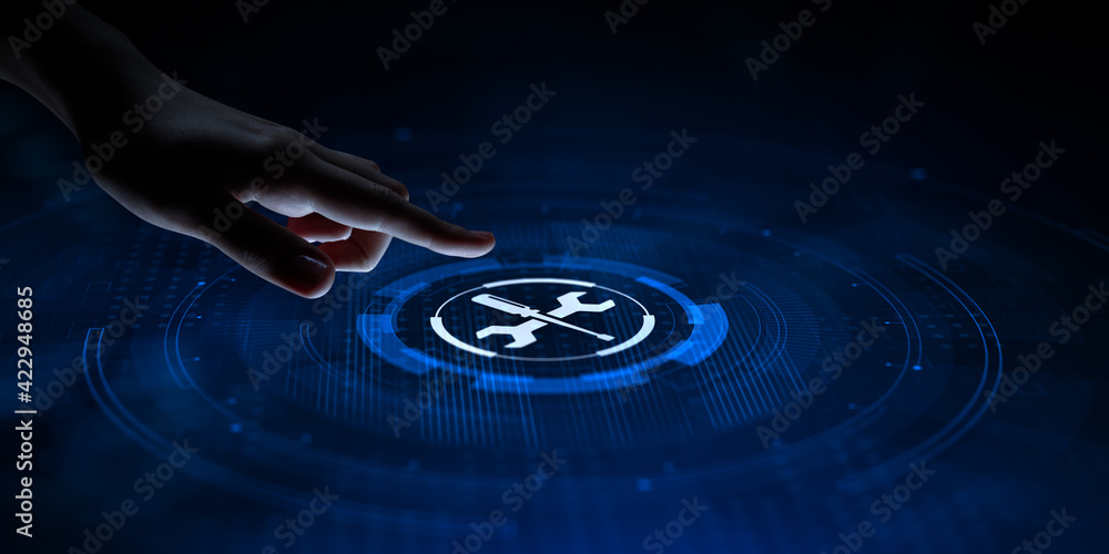 Poster technical support customer service guarantee quality assurance. hand pressing button on virtual scre