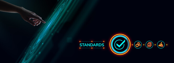 Standard standardization certification quality control assurance. Hand pressing button on virtual...
