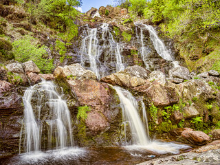 Rhiwargor Waterfall or Pistyll Rhyd-y-meincau on the River Eiddew above Lake Vyrnwy, Powys, Wales, UK..