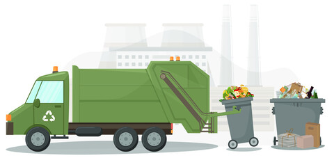 Waste collection and transportation vehicle. Garbage removal. Garbage containers, boxes and bags. Waste recycling and disposal plant. Vector illustration in flat style