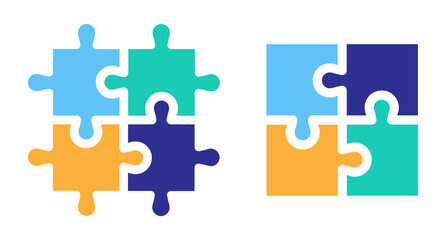 Square four pieces of jigsaw puzzle or teamwork concept flat color vector icon illustration.