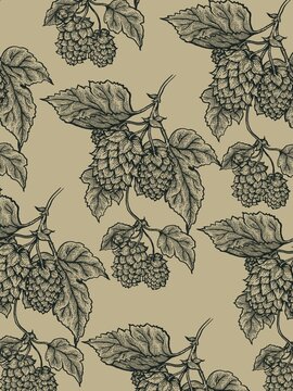 seamless background with hops vine on green background 