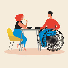 Inclusive couple having dinner together, flat vector stock illustration with disabled person in wheelchair with girlfriend isolated
