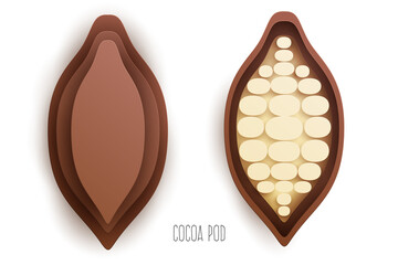 Cartoon whole and half cocoa pod in modern geometric 3d paper cut style isolated on white background. Vivid creative vector art element. Minimalistic concept of abstract design illustration.