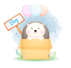 Cute doodle hedgehog boy in the box cartoon character Premium Vector