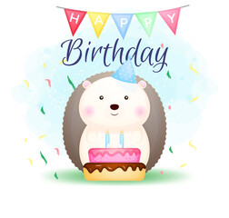 Happy birthday hedgehog cartoon character Premium Vector