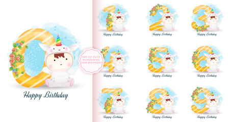 Set of cute numbering with baby in unicorn costume for birthday Premium Vector