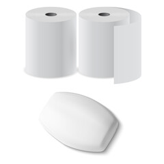 Toilet paper roll, soap bar 3d vector mock up box. Antibacterial hygiene soap blankfor bathroom, wc. Loo paper illustration isometric view. Recycle paper cylinder napkin blank. Hygienic soap