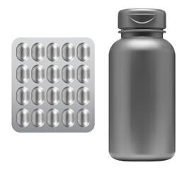 Pill bottle, medicine capsule blister mockup. Supplement jar blank. Plastic drug container isolated. Pharmaceutical medicament product can template. Prescription cure drugs, aspirin remedy set