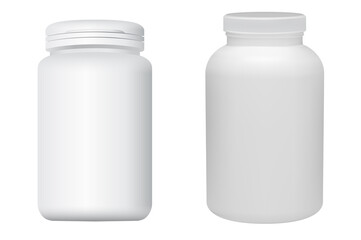 Pill bottle mockup. Medicine drug jar, white plastic supplement capsule bottle. Cylinder packaging for pharmacy medicament, tablet cure box. Drugs remedy can, antibiotic pack illustration