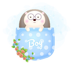 Cute doodle baby hedgehog boy inside the pocket Premium Vector