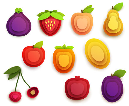Collection cartoon icon fruits in layer paper cut style isolated on white background. Figs, apple, pear, cherry, melon, strawberry, peach, pomegranate, persimmon, plum. Vector colorful element.