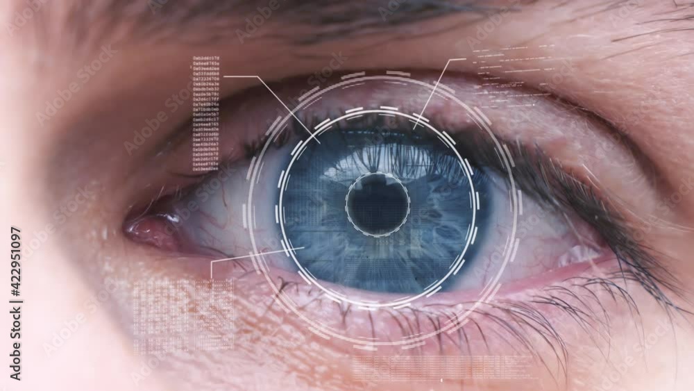 Poster close up woman eye with hud interface macro blue futuristic lines of code. concept of ai, hi tech ho