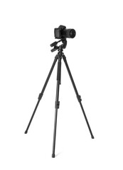 Modern tripod with camera isolated on white