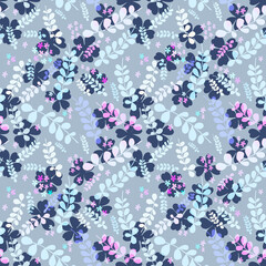 Wind is blowing. Floral seamless pattern in blue. Flowers, herbs, branches, leaves whirled in the wind