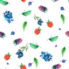 Fototapeta na wymiar Vintage seamless watercolor pattern. Berry set - raspberries, blackberries, Strawberry, wild strawberries,blueberry, currant. Hand drawn watercolor painting raspberry. Botanical illustration. 