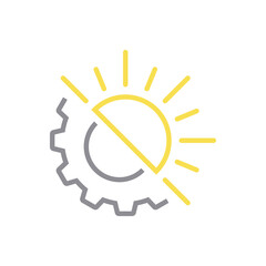 Energía solar. Logotipo con engranaje y sol con lineas en color gris y amarillo