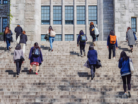 Asian Women Walking On Stair-step Outdoor Building Campus Life Asian Student