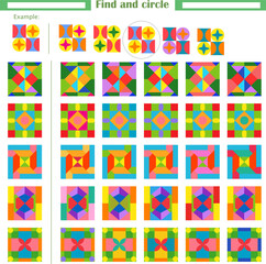 Logic game for children. Find and circle among the pictures on the right the one that matches the sample