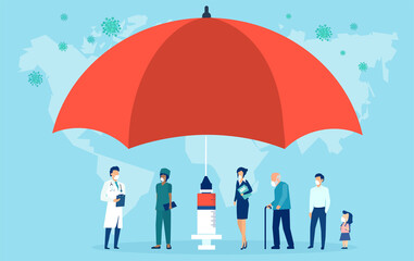 Vaccination concept. Vector of an umbrella shaped syringe with vaccine for COVID-19 and group of people waiting in line