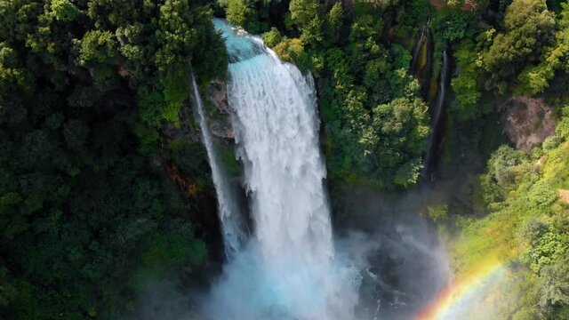 Aerial view. Water discharge, strong, maximum flow. Rainbow. The Cascata delle Marmore is a the largest man-made waterfall. Terni in Umbria Italy. Hydroelectric power plant