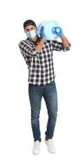 Courier in face mask with bottle of cooler water on white background. Delivery during coronavirus quarantine