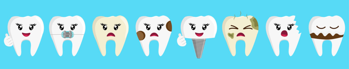 Set of cartoon teeth, healthy and with different dental problems, vector illustration.