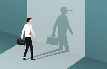Businessman with long nose shadow on wall vector illustration.