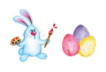 Watercolor illustration of a cute easter bunny with a palette brushing eggs for the holiday. The blue hare draws. Isolated on white background. Drawn by hand.