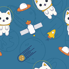 Seamless pattern with catsronaut intergalactic adventure