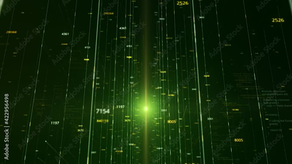 Aufkleber green sci fi tunnel with green matrix effect. animation. 3d flight through cyberspace on black backg