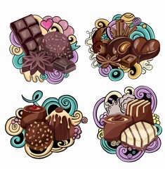 Chocolate set of badges and labels with various tasty sweets.