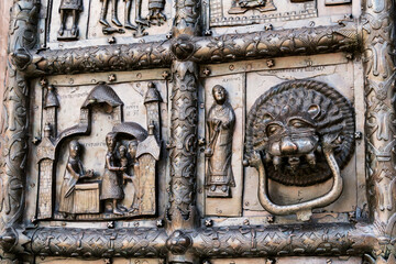 Russia,  Great Novgorod - July 13, 2020: Close-up of a fragment of the Magdeburg Gate of St. Sophia Cathedral
