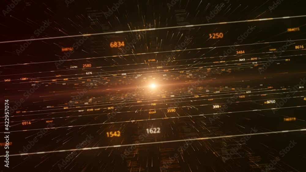 Poster beautiful flight through the digital tunnel with numbers and neon rays. animation. abstract futurist