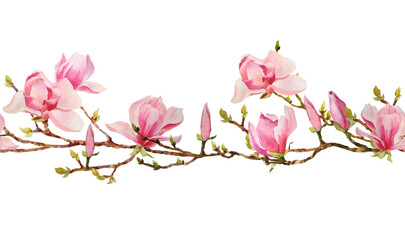 Seamless border with a watercolor illustration of an exquisite branch of a blooming pink magnolia. A watercolor pattern of magnolia branches, flowers and buds is hand-drawn in a seamless border.