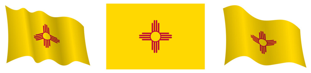 flag of american state of New Mexico in static position and in motion, fluttering in wind in exact colors and sizes, on white background