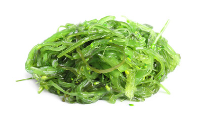 Delicious fresh seaweed salad on white background