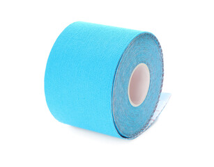 Light blue kinesio tape in roll on white background